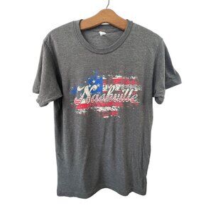 Nashville Graphic T-Shirt Small Gray Patriotic Flag Print Distressed Cotton Blen